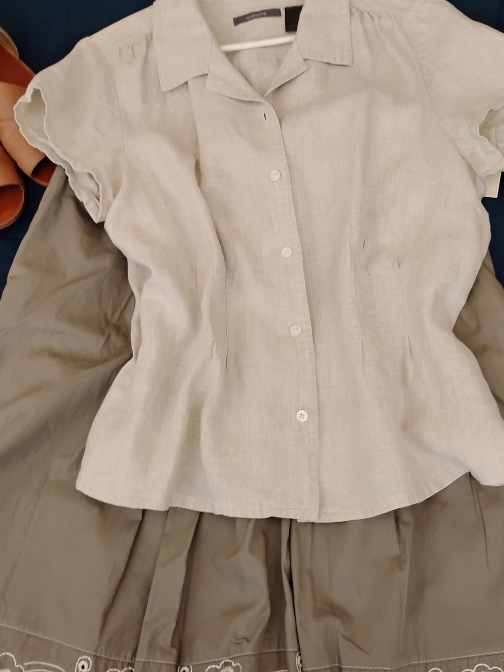 Light Khaki Linen Short-Sleeve Button Front Top And Skirt